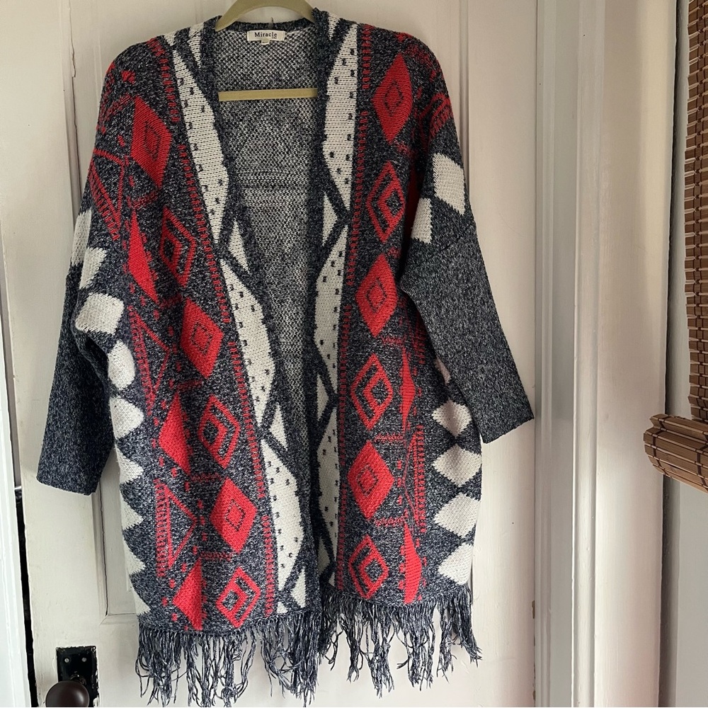 Miracle Oversized Knit Cardigan southwest pattern with fringe size xs